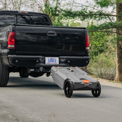 Camco Rhino 36-Gallon Camper/RV Tote Tank - Features Large Heavy-Duty No-Flat Wheels & Built-In Gate Valve - Removable Steel Tow Adapter, 3’ Sewer Hose & More RV Accessories (39006)