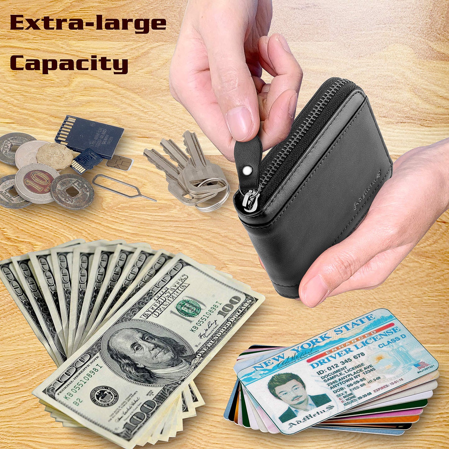 Admetus Wallet for Men Zipper Leather Wallet for Men Bifold RFID Blocking Card Holder black10