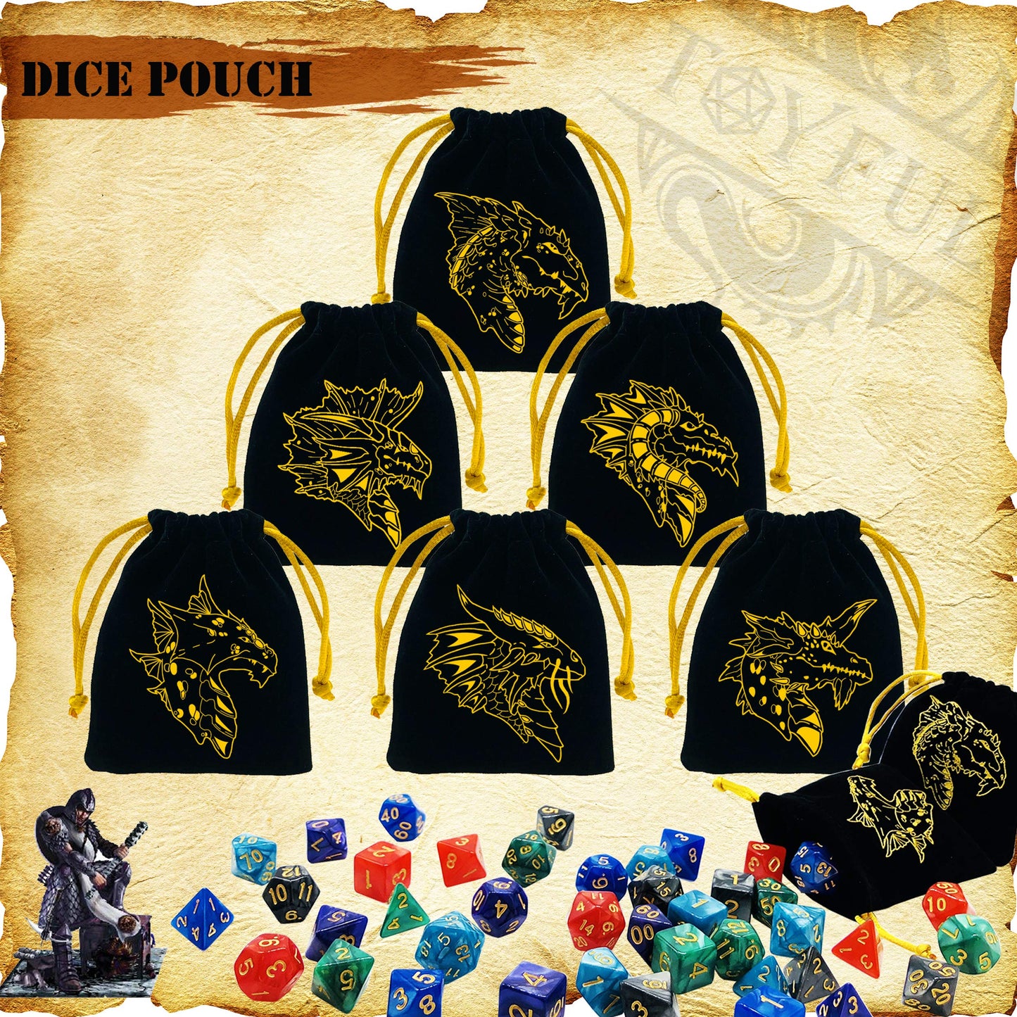 6 Sets DND Dice Polyhedral Dice Dungeons and Dragons Rolling Dice for RPG MTG Table Games Dice Bulk with Free Six Drawstring Bags and PU Leather D&D Dice Tray