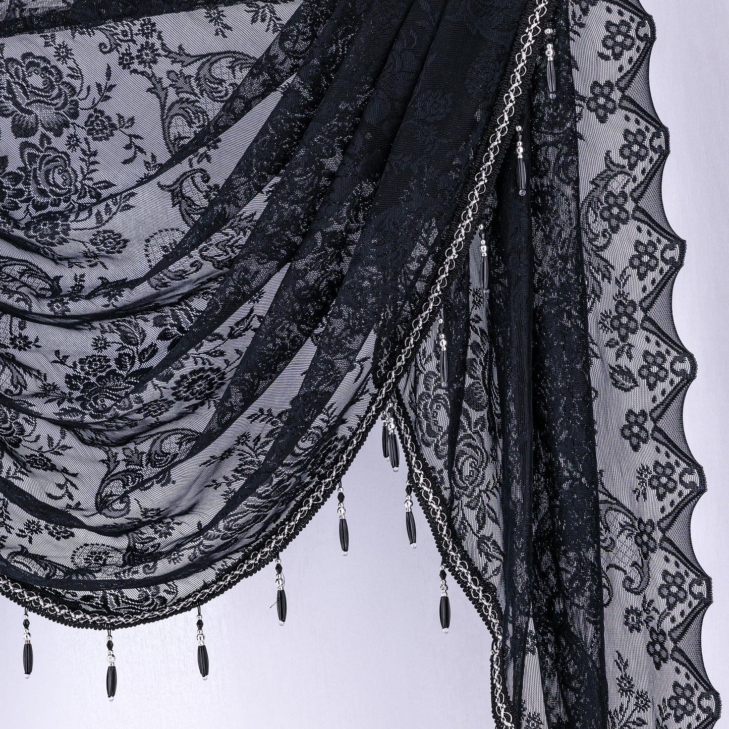 Huierxun Halloween Black Lace Waterfall Window Valance with Bead Tassels Floral Embroidered Valance Curtains Semi Sheer Rod Pocket Valance/Swags for Bedroom/Living Room/Kitchen/Basement(Black,39"x41")