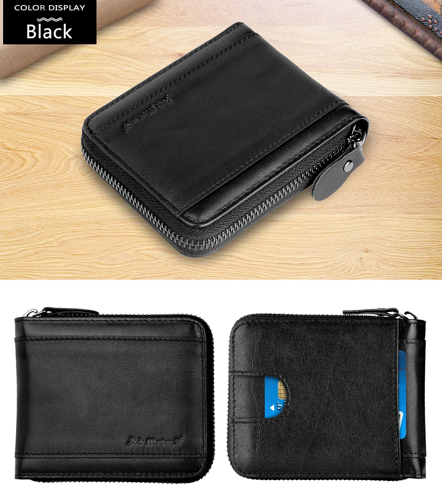 Admetus Wallet for Men Zipper Leather Wallet for Men Bifold RFID Blocking Card Holder black10